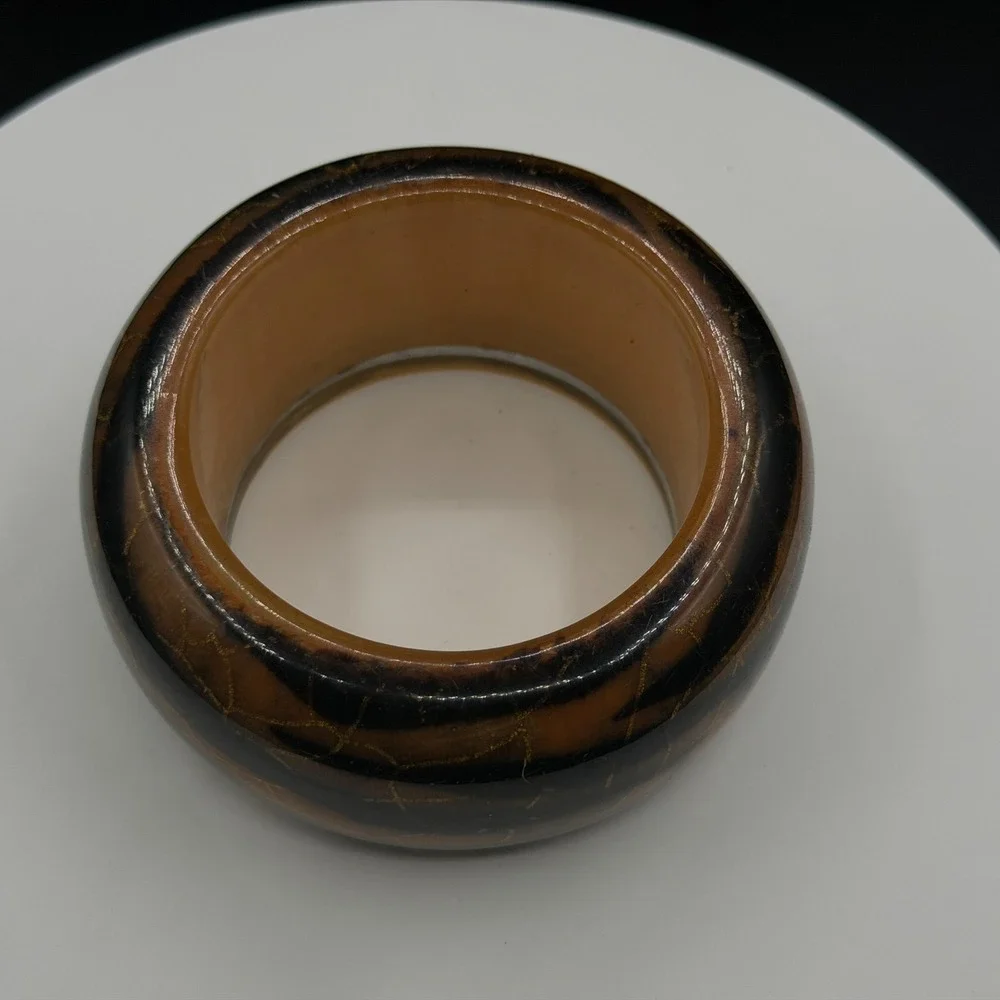 Chunky Brown Black Resin Bangle Bracelet Gold Tone Crackle Mosaic Boho Statement